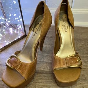 Jessica Simpson Brown Leather and Gold Buckle Heels
